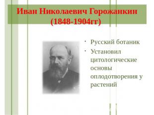 Иван Николаевич Горожанкин (1848-1904гг) Русский ботаник Установил цитологически