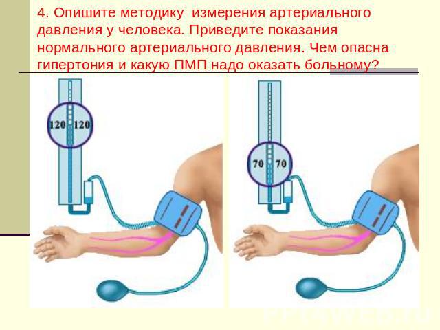 4. Опишите методику измерения артериального давления у человека. Приведите показания нормального артериального давления. Чем опасна гипертония и какую ПМП надо оказать больному?