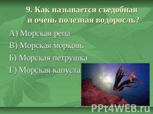 9. Как называется съедобная и очень полезная водоросль? А) Морская репа В) Морск