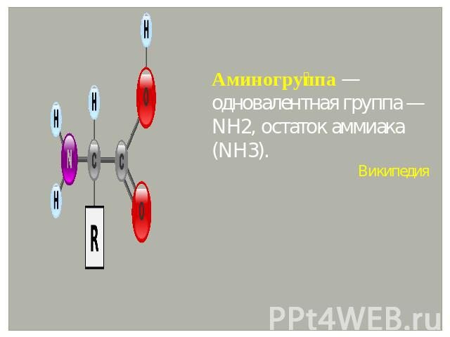 Аминогруппа — одновалентная группа —NH2, остаток аммиака (NH3). Википедия
