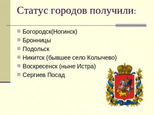 Статус городов получили: Богородск(Ногинск)БронницыПодольскНикитск (бывшее село