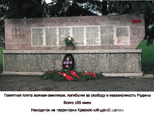 Памятная плита воинам-землякам, погибшим за свободу и независимость РодиныВсего 165 именНаходится на территории Краснослободской школы