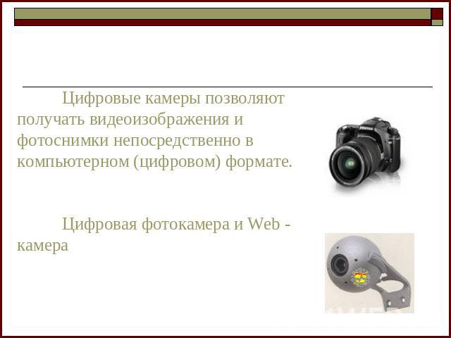 Устройства ввода информацииЦифровые камеры позволяют получать видеоизображения и фотоснимки непосредственно в компьютерном (цифровом) формате.Цифровая фотокамера и Web - камера