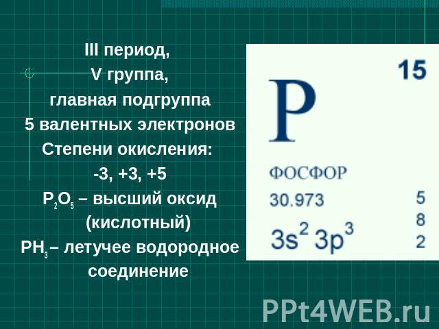 III период, V группа,главная подгруппа5 валентных электроновСтепени окисления: -3, +3, +5Р2О5 – высший оксид (кислотный)РН3 – летучее водородное соединение