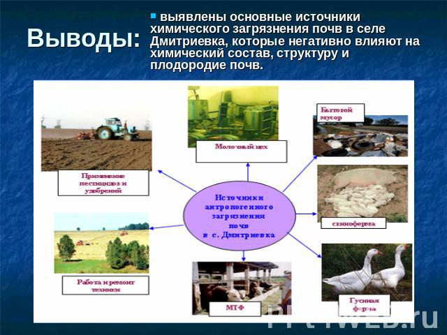 Выводы: выявлены основные источники химического загрязнения почв в селе Дмитриевка, которые негативно влияют на химический состав, структуру и плодородие почв.