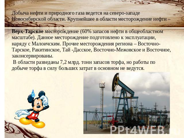 Добыча нефти и природного газа ведется на северо-западе Новосибирской области. Крупнейшее в области месторождение нефти – Верх-Тарское месторождение (60% запасов нефти в общеобластном масштабе). Данное месторождение подготовлено к эксплуатации, наря…
