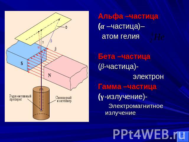 Альфа –частица(α –частица)– атом гелия Бета –частица (β-частица)- электронГамма –частица(γ-излучение)- Электромагнитное излучение