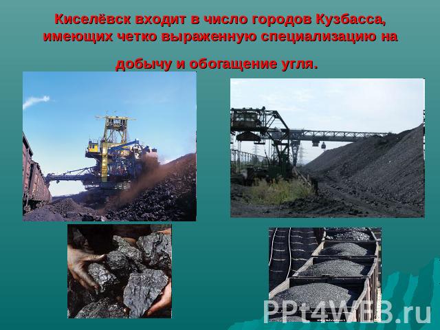 Киселёвск входит в число городов Кузбасса, имеющих четко выраженную специализацию на добычу и обогащение угля.