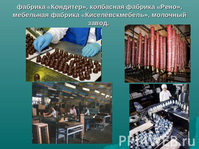 фабрика «Кондитер», колбасная фабрика «Рено», мебельная фабрика «Киселёвскмебель», молочный завод.