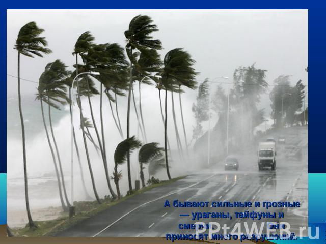 А бывают сильные и грозные — ураганы, тайфуны и смерчи. Они приносят много разрушений.
