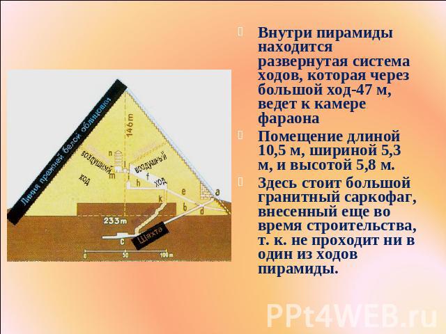 Внутри пирамиды находится развернутая система ходов, которая через большой ход-47 м, ведет к камере фараонаПомещение длиной 10,5 м, шириной 5,3 м, и высотой 5,8 м.Здесь стоит большой гранитный саркофаг, внесенный еще во время строительства, т. к. не…