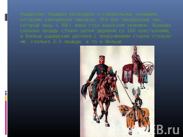Рыцарских лошадей разводили в специальных конюшнях, которыми заведовали маршалы. Это был придворный чин, который лишь с XVII века стал воинским званием. Хорошая сильная лошадь стоила целой деревни со 100 крестьянами, а боевые рыцарские доспехи с воо…