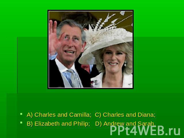 A) Charles and Camilla; C) Charles and Diana;B) Elizabeth and Philip; D) Andrew and Sarah.