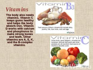 Vitamins The body also needs vitamins. Vitamin C keeps gums healthy and helps th