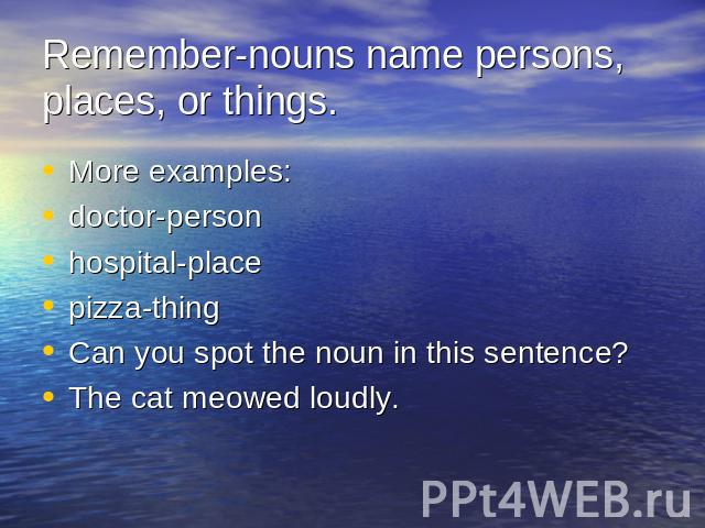 Remember-nouns name persons, places, or things. More examples:doctor-personhospital-placepizza-thingCan you spot the noun in this sentence?The cat meowed loudly.