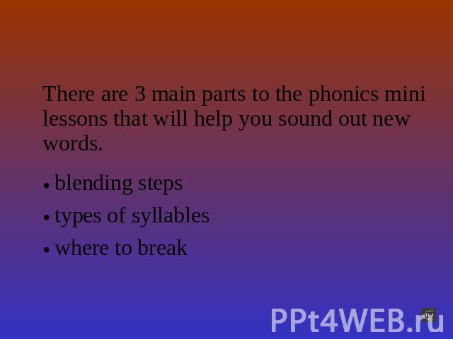 Here’s how There are 3 main parts to the phonics mini lessons that will help you sound out new words.blending stepstypes of syllableswhere to break