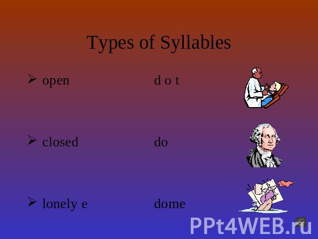 Types of Syllables opend o t closeddo lonely edome