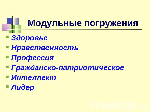 Модульные погружения Здоровье НравственностьПрофессияГражданско-патриотическоеИнтеллектЛидер