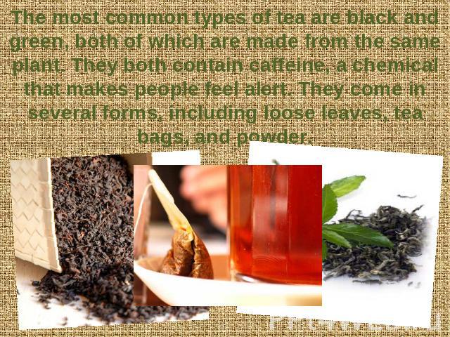 The most common types of tea are black and green, both of which are made from the same plant. They both contain caffeine, a chemical that makes people feel alert. They come in several forms, including loose leaves, tea bags, and powder.