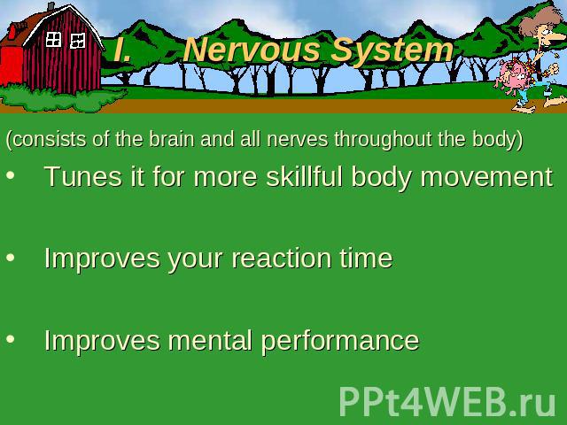 Nervous System (consists of the brain and all nerves throughout the body)Tunes it for more skillful body movementImproves your reaction timeImproves mental performance