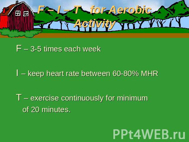 F – I – T for Aerobic Activity F – 3-5 times each weekI – keep heart rate between 60-80% MHRT – exercise continuously for minimum of 20 minutes.