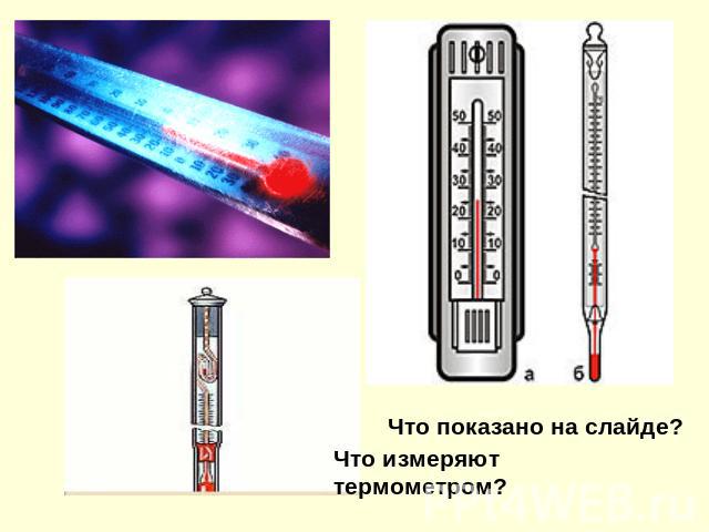 Что показано на слайде?Что измеряют термометром?