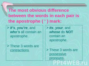 The most obvious difference between the words in each pair is the apostrophe ( ‘