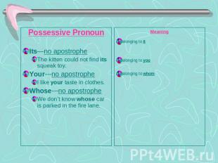 Possessive PronounIts—no apostropheThe kitten could not find its squeak toy.Your