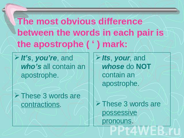 The most obvious difference between the words in each pair is the apostrophe ( ‘ ) mark: It’s, you’re, and who’s all contain an apostrophe.These 3 words are contractions.Its, your, and whose do NOT contain an apostrophe.These 3 words are possessive …
