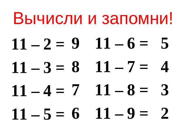 Вычисли и запомни! 11 – 2 =11 – 3 = 11 – 4 = 11 – 5 =11 – 6 =11 – 7 = 11 – 8 = 11 – 9 =
