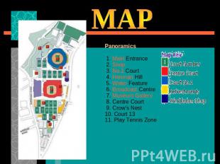 MAP Panoramics 1. Main Entrance 2. Shop 3. No.1 Court 4. Henman Hill 5. Water Fe