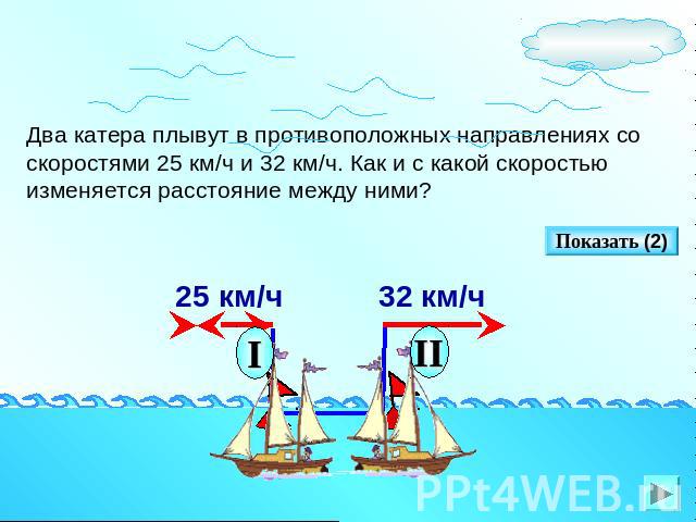 Два катера плывут в противоположных направлениях со скоростями 25 км/ч и 32 км/ч. Как и с какой скоростью изменяется расстояние между ними?