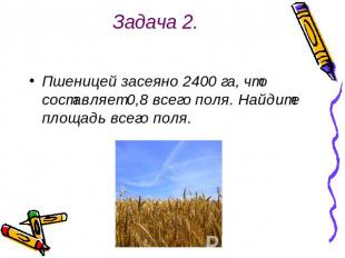 Задача 2. Пшеницей засеяно 2400 га, что составляет 0,8 всего поля. Найдите площа