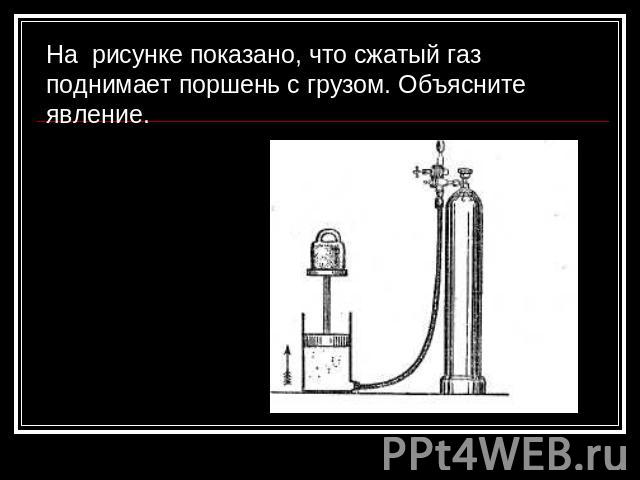 На рисунке показано, что сжатый газ поднимает поршень с грузом. Объясните явление.