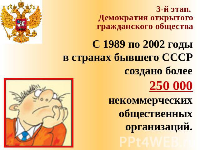 3-й этап. Демократия открытого гражданского общества С 1989 по 2002 годыв странах бывшего СССР создано более250 000 некоммерческих общественных организаций.