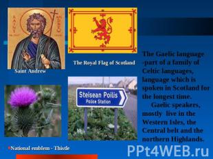 Saint AndrewThe Royal Flag of ScotlandNational emblem - ThistleThe Gaelic langua