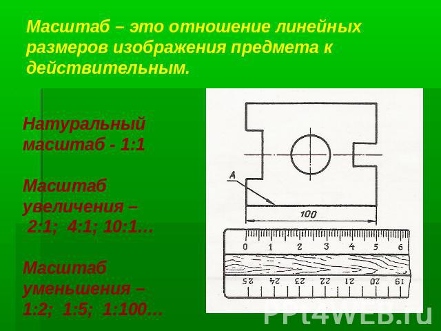 Масштаб – это отношение линейных размеров изображения предмета к действительным. Натуральный масштаб - 1:1Масштаб увеличения – 2:1; 4:1; 10:1…Масштаб уменьшения – 1:2; 1:5; 1:100…