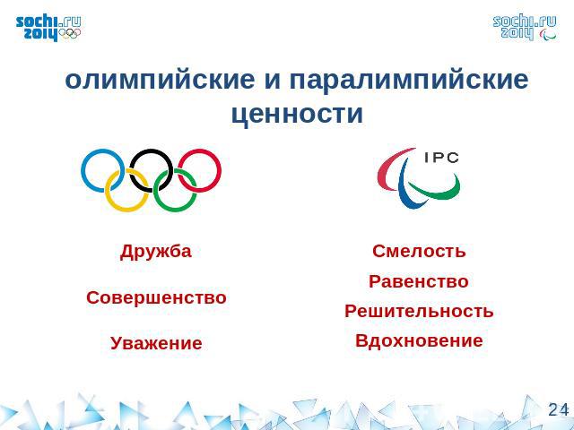 олимпийские и паралимпийские ценностиДружбаСовершенствоУважениеСмелостьРавенствоРешительностьВдохновение