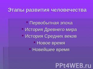 Этапы развития человечества Первобытная эпохаИстория Древнего мираИстория Средни