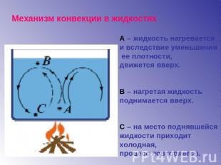 Механизм конвекции в жидкостях А – жидкость нагревается и вследствие уменьшения