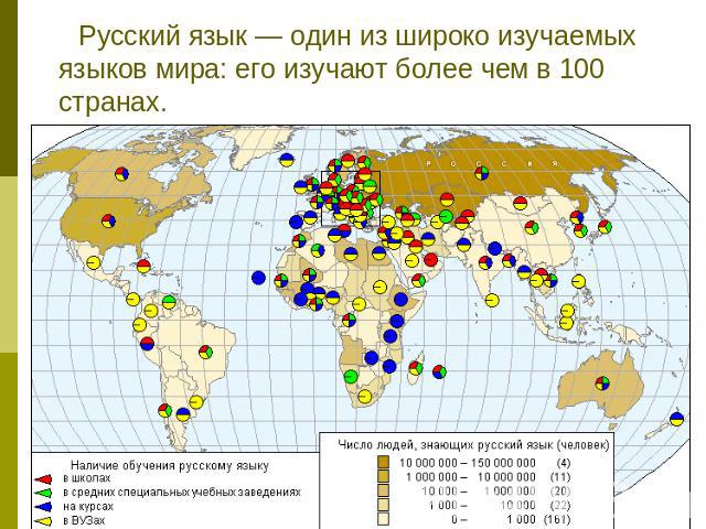 Русский язык — один из широко изучаемых языков мира: его изучают более чем в 100 странах.