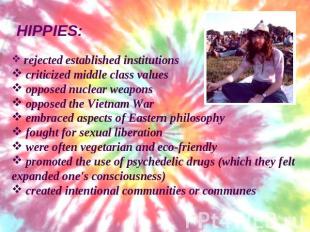 HIPPIES: rejected established institutions criticized middle class values oppose