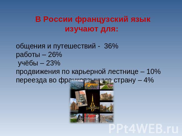 В России французский язык изучают для:общения и путешествий - 36% работы – 26% учёбы – 23%продвижения по карьерной лестнице – 10%переезда во франкоязычную страну – 4%