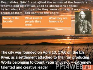Read slides №6-10 and a)find the names of the founders of Izhevsk and adjectives