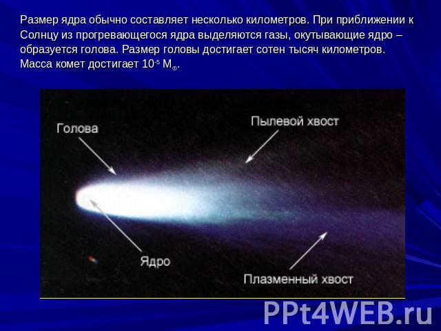 Размер ядра обычно составляет несколько километров. При приближении к Солнцу из прогревающегося ядра выделяются газы, окутывающие ядро – образуется голова. Размер головы достигает сотен тысяч километров. Масса комет достигает 10-5 М.