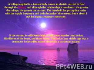 A voltage applied to a human body causes an electric current to flow through the