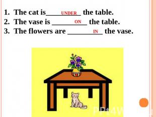 1.  The cat is_________ the table. 2.  The vase is _________ the table. 3.  The