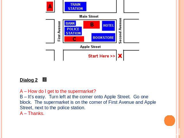 Dialog 2A – How do I get to the supermarket?B – It’s easy.  Turn left at the corner onto Apple Street.  Go one block.  The supermarket is on the corner of First Avenue and Apple Street, next to the police station.A – Thanks.