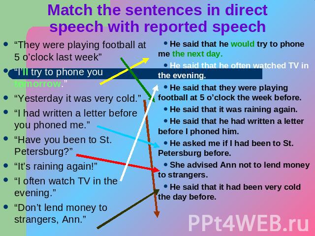 Match the sentences in direct speech with reported speech “They were playing football at 5 o’clock last week”“I’ll try to phone you tomorrow.”“Yesterday it was very cold.”“I had written a letter before you phoned me.”“Have you been to St. Petersburg…