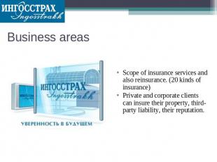 Business areas Scope of insurance services and also reinsurance. (20 kinds of in